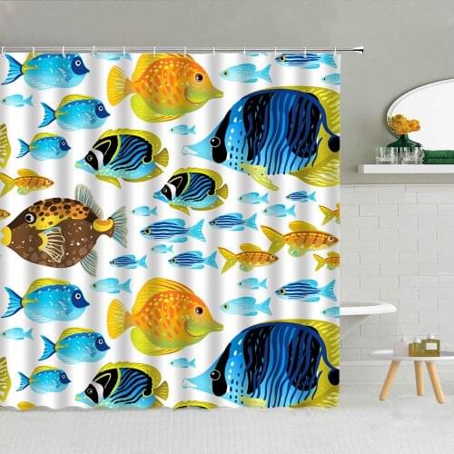 Tropical Ocean Big Fish Shower Curtain Vintage Old Wall Backdrop Bathroom Decor Sea Underwater Animal Waterproof Hooks Curtains