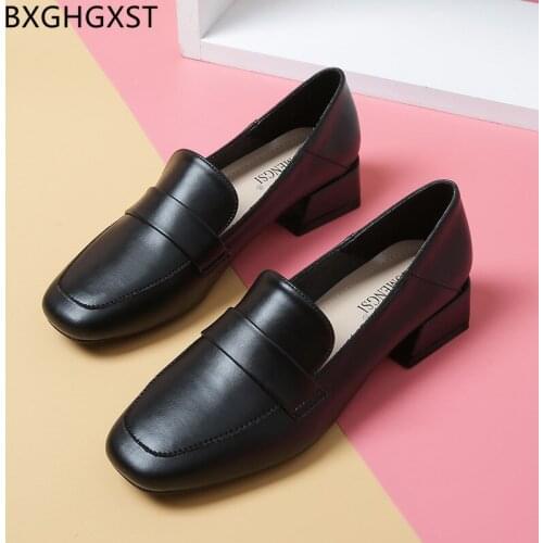 Pumps Slip on Shoes for Woman Loafers Women Shoes Casual Classic Leather Shoes Women Low Heel Black Office 2021 Square Top Heels