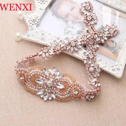 WENXI 5PCS Wholesale Handmade Beaded Rhinestones Appliques Rose Gold Crystal For Bridal Dress Sash Accessories