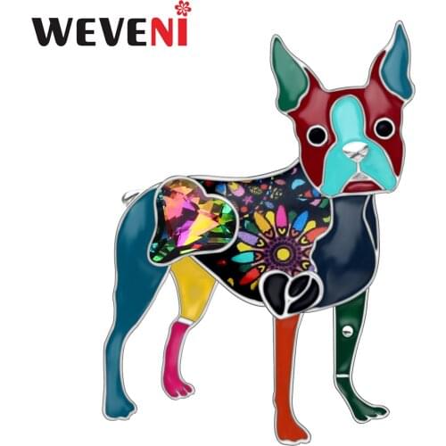 WEVENI Enamel Alloy Rhinestone Boston Terrier Dog Brooches Pin Cute Animal Jewelry For Women Girls Gift Scarf Decorations Bijoux