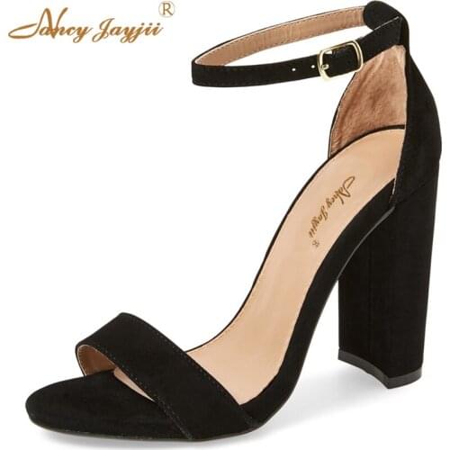 2021 Summer Sexy Black Sandals Open Toe Ankle Strap High Thick Heels 12cm Shoes Woman Suede Dress Party Large Size16 Nancyjayji