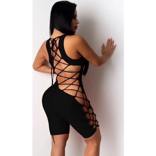 Sexy Rompers Womens Jumpsuit Party Bodycon Bandage Jumpsuit Short Lace Up Backless Skinny Bodysuit Ladies Sporty Summer Playsuit