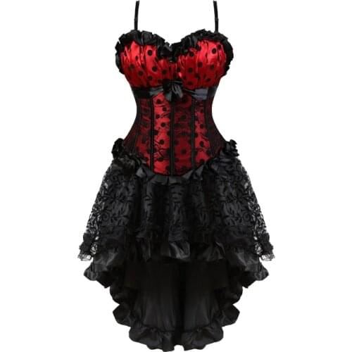 Women Gothic Sexy Lace Trim Corset Dress Vintage Print Dot Cup Straps Corset Bustier Top With Asymmetrical Floral Skirt Set