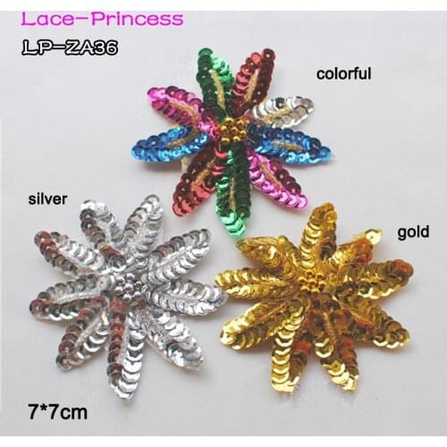 10 PCS 7X7CM gold colorful sequins lace fabric Dance costumes headdress flower applique patch embroidered diy accessories ZA36