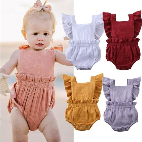 2020 Casual Baby Clothing Solid Color Newborn Infant Baby Girl Cotton Ruffle Sleeveless Romper Jumpsuit Clothes Outfit