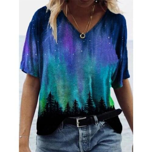 2021 Spring Summer New Womens T-shirt Urban Casual Printing V-neck Pullover Short-sleeved T-shirt Loose Wn