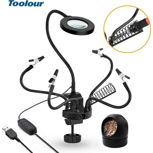Toolour 5pc Flexible Arms Third Helping Hand Table Clamp USB LED Lamp 3X Magnifier Soldering Iron Holder DIY Repairing Tool