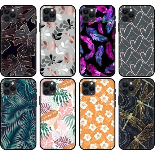 Black tpu case for iphone 5 5s se 2020 6 6s 7 8 plus x 10 XR XS 11 12 mini pro MAX back cover Leaves Leaf