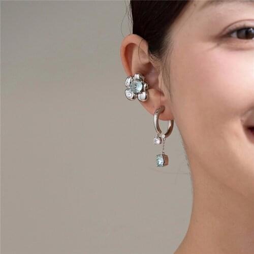 AENSOA 2021 New Elegant Flowers Blue Yellow Purple Rhinestone Ear Cuff Non Pierced Clip Sliver Color Metal Ear Cuff Ear Stud