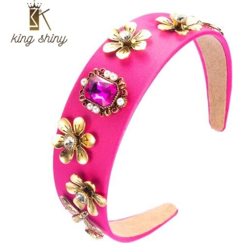 King Shiny Vintage Baroque Metal Flower Headband Elegant Imitation Pearl Crystal Beaded Hairband Girl Party Headwear Tiara Bezel