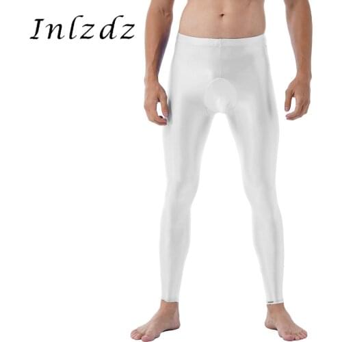 Mens Sports Long Pants Glossy Bulge Pouch Elastic Waistband Leggings Solid Color Mid Waist Elastic Stretchy Skinny Pants
