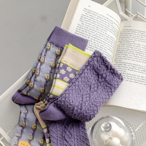 10 Pairs Women Socks Violet Color Socks Autumn Winter Socks Vintage Royal Style Socks Embossed Socks For Ladies Girls