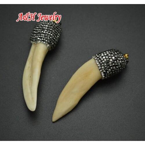 New Arrival Novelty Boys' Birthday Gift Black Rhinestone Paved On Real Fang Teeth Pendants Punk Men Jewelry