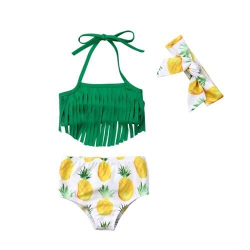Newborn Baby Girls Kid Bikini 3Pcs Tassels Swimwear Pineapple Print Halter Bandage Swimsuit Headhand Bathing Suit Beachwear 0-2T