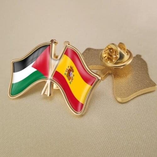 Palestine and Spain Crossed Double Friendship Flags Lapel Pins Brooch Badges