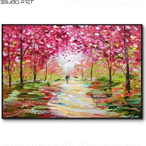Hand-painted High Quality Abstract Thick Paints Landscape Oil Painting Rich Colors Knife Painting Pink Forest Tree Oil Painting