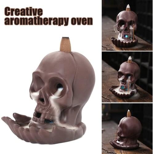 Handmade Purple Clay Skull Backflow Incense Burner LED Light Ornaments Decor for Home Halloween Gift Encens Quemador De Incienso