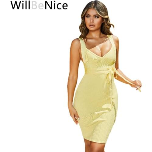 WillBeNice Light Yellow Waistband Stripes V Neck Straps Bandage Dresses 2019 Sexy Bodycon Women Dress Bandage Evening Party