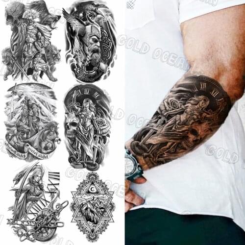 Sun Goddess Skeleton Sword Temporary Tattoos For Men Gladiator Compass India Fake Tattoo Stickers Arm Thigh Tatoos Totem Armband