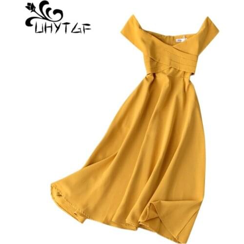 UHYTGF Summer dresses womans fashion sleeveless slash neck sexy dress stitching vintage dress pullover girl elegant dresses 1147
