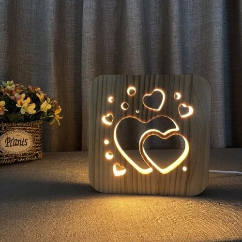 Bedroom Decor 3D LED Lamp Night Light USB Desk Table Lamps LOVE Pattern Gift Natural Pine Wooden Room Decoration Lights