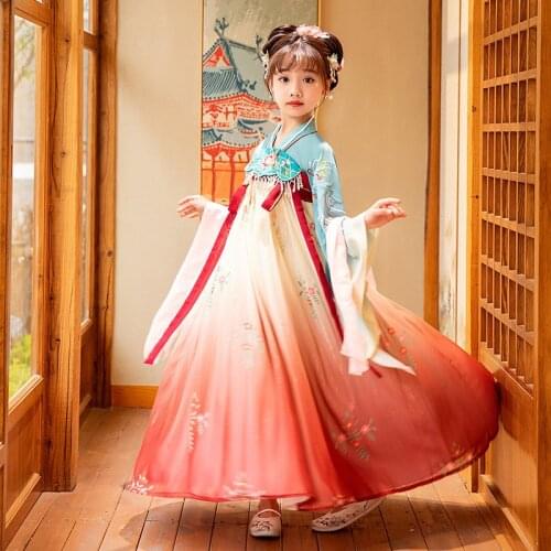 2021 Spring Summer Girl Princess Vintage Party Dresses Lovely Baby Hanfu Dress Chinese Clothes Kids Tang Suit