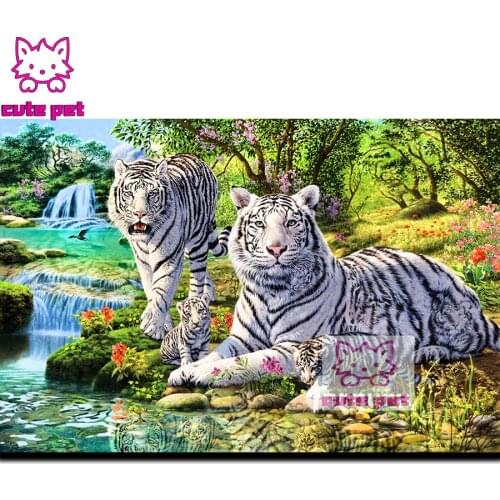 Lake tree Diamond Painting Cross Stitch Animal white tiger DIY Full Square Picture 5d Diamond Embroidery Mosaic Decoration Gift