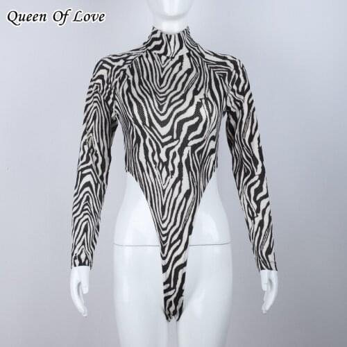 Sexy Long Sleeve Shirt Women 2021 Autumn Streetwear Fashion Elegant Zebra Striped Turtleneck Bodysuit Breathable Tops Tee Y2K