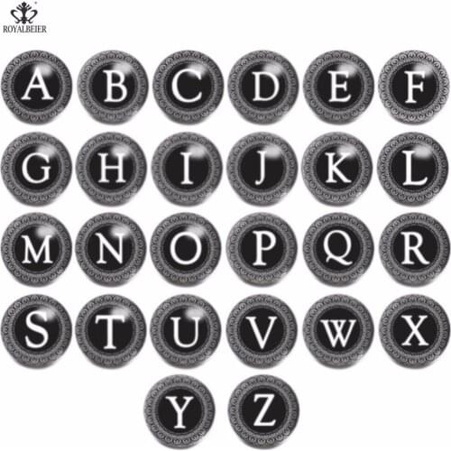ROYALBEIER 18mm Snap Button Jewelry 26 Alphabet Letters Round Glass Bead Fit Bracelets Handmade Jewelry Women Gifts KG0007