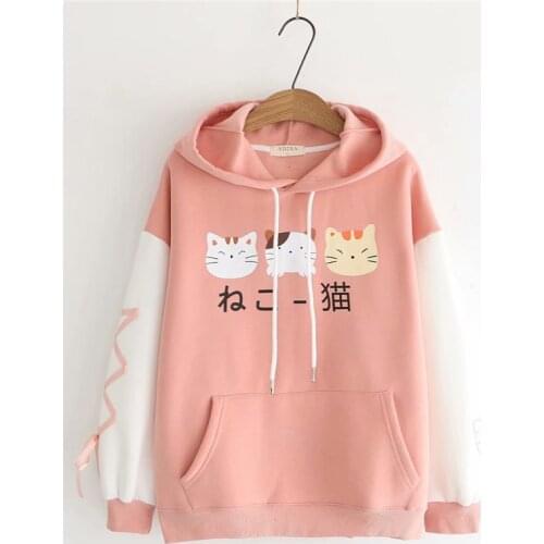 Japanese Harajuku Mori Girl Kawaii Women Winter Hoodies Cute Cat Cartoon Teens Girls Pullover Lolita Sweet Hooded Sweatshirt