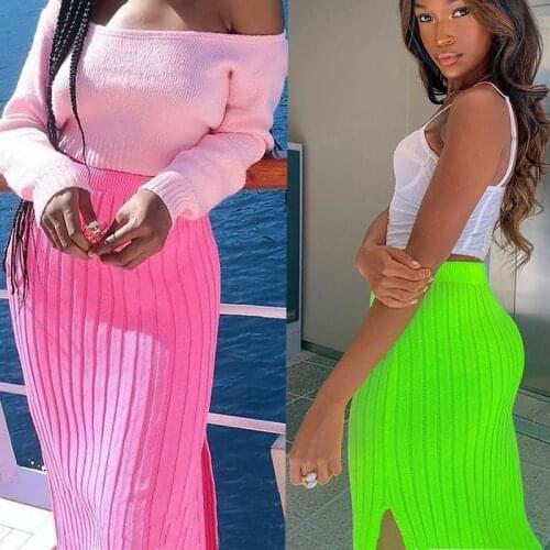 High Waist Bodycon Neon Pink Skirt Women 2021 New Autumn Winter Knitted Midi Skirt Female Elegant Office Workwear Pencil Skirts