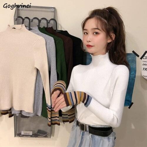 Women Pullovers Harajuku Ribbed Turtleneck Slim Thicker Knitted Sweaters Preppy Long Sleeve Patchwork Female Sweet Korean Tops