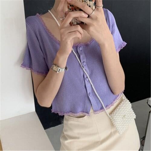 2020 Square neck spliced button short sleeve sweater female Korean Fashion knitted tight thin cardigan cropped sweater tops