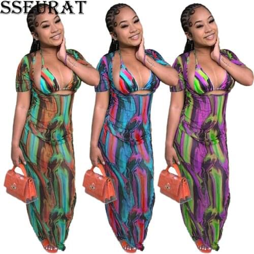 SSEURAT Women Summer Short Sleeve Tie Dye Printed Bra & Maxi Bodycon Dress