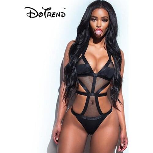 2019 New Hanging Neck Deep V-neck Hollow Out Women Bodysuit Black High Waist Sexy See-through Lace Backless Bodysuit Women
