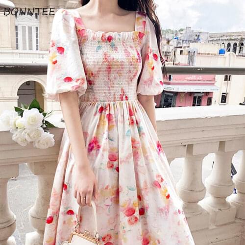 Dresses Women Pink Floral Summer Elasticity Straps Mid-calf Soft Square Collar Folds French Streetwear Vintage Leisure All-match