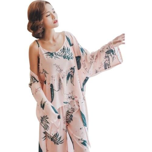 Pajamas female 3PC spring and summer new long-sleeved cotton nightgown home service suspenders trousers suit халат