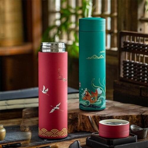 500ML Thermos Cup Coffee Tea Mug Chinese Classical Style Stainless Steel Vacuum Flask Water Bottle With Filter Thermocup