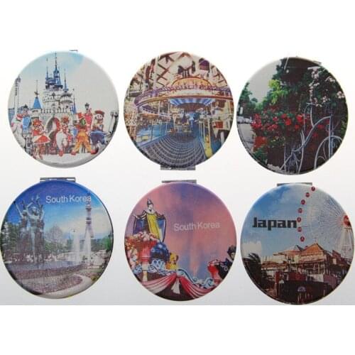 6pcs Exquisite PU cover + metal Portable pocket mirror foldable makeup mirror Architectural landscape Cosmetic mirrors