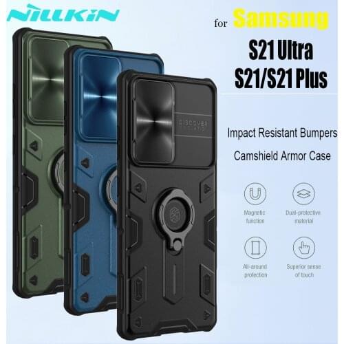 NILLKIN for Samsung Galaxy S21 Plus S21 Ultra Case Finger Ring Holder Shockproof Armor Slide Camera Lens Protection Bumper Cover