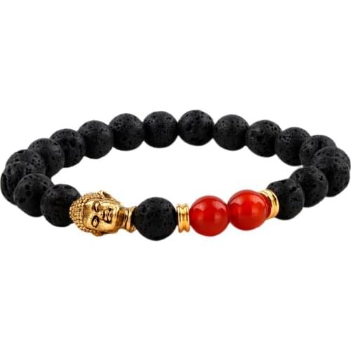 SUNYIK Black Lava Rock Stone Carnelian Bracelet,Alloy Buddha Prayer Beaded 8mm