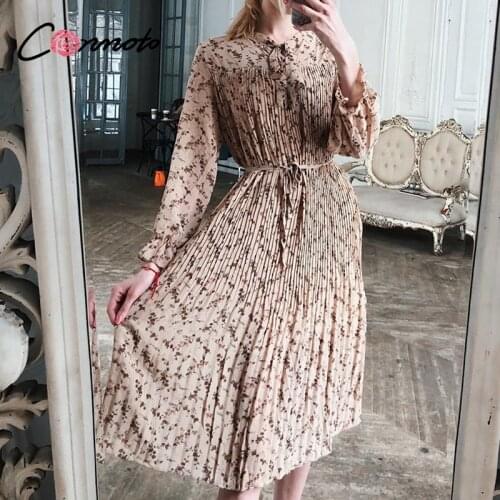 Conmoto Elegant spring floral print midi dress ruffle Butterfly sleeve bow sash pleated dress chic High waist dresses loose 2021