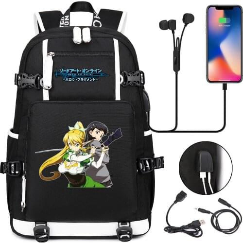 Backpack Sword Art Online SAO Canvas USB Charging Headphone Rucksack Teenager Student Zip Cartoon Schoolbag Travel Laptop Bag