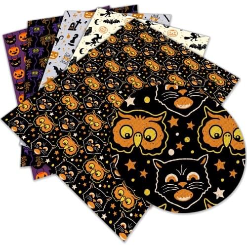 Halloween Owl Pumpkin Head Spider Pattern Printed Faux Leather Cross Pattern for DIY Sewing Material 22x30 Cm