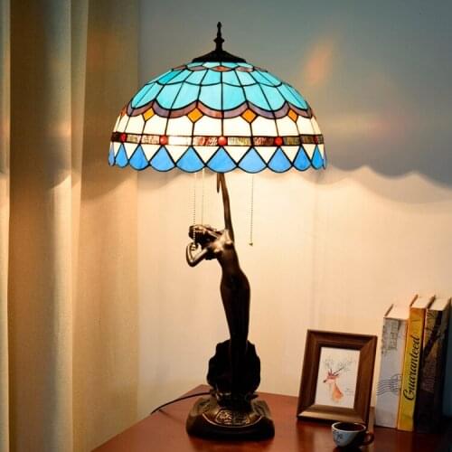 Creative retro mediterranean blue office table lamp Tiffanys stained glass villa living room bar Goddess of girl desk lamps
