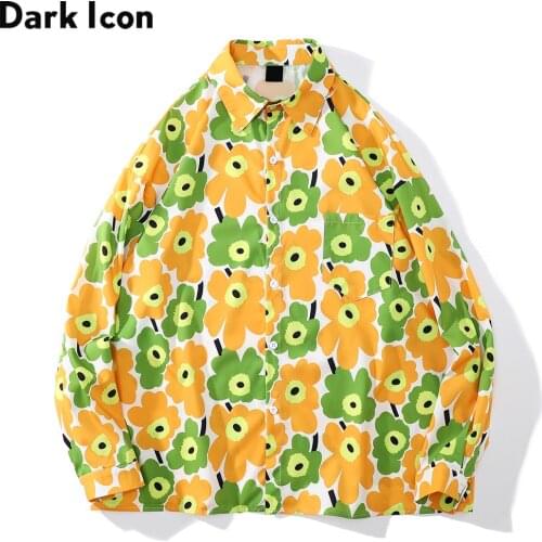 Dark Icon Floral Printed Mens Shirts Long Sleeve Turn-down Collar Autumn Shirt for Man 3 Color