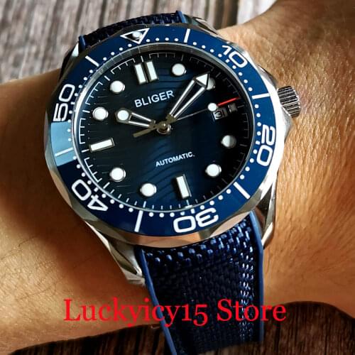 BLIGER Brand Sea Blue NH35A Men Watch Surfing Dial Date Glass Back Luminous Index Rubber Band Unidirectional Bezel RIng