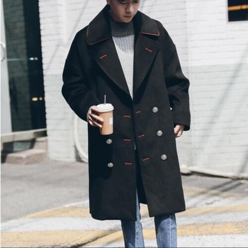 Men Winter Thickened Contrast Color Double-breasted Woolen Coat Korean Youth Loose Shoulders Long Section Woolen Coat Trench