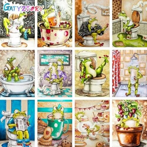 GATYZTORY Frame Toilet Frog DIY Painting By Numbers On Canvas Oil Pictures For Adults Acrylic Cartoon Coloring By Number Home De