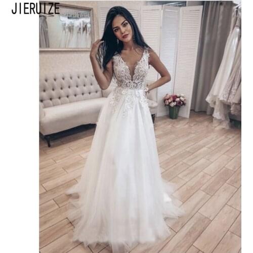 JIERUIZE Charming A-line Beach Wedding Dresses V Neck Backless Lace Appliques Summer Boho Bridal Gowns Sleeveless robe mariage